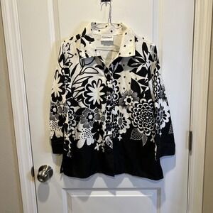 Serengeti Black White Floral Print Button Up Shirt Top 3/4‎ Sleeve